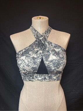 Crisscross Marble-Print Sports Bra Top in Black and White
